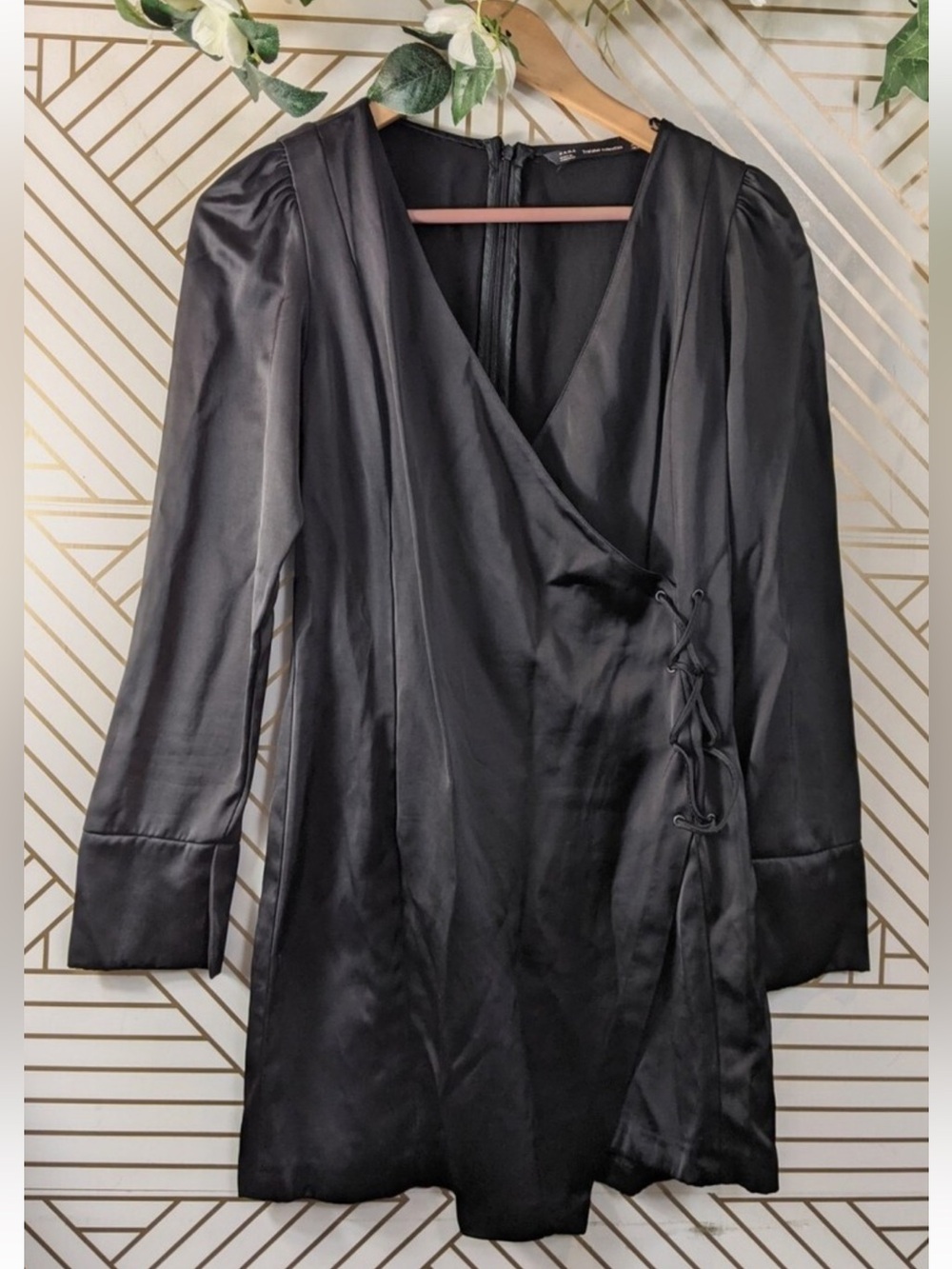 Black Satin Wrap-Style Mini Dress